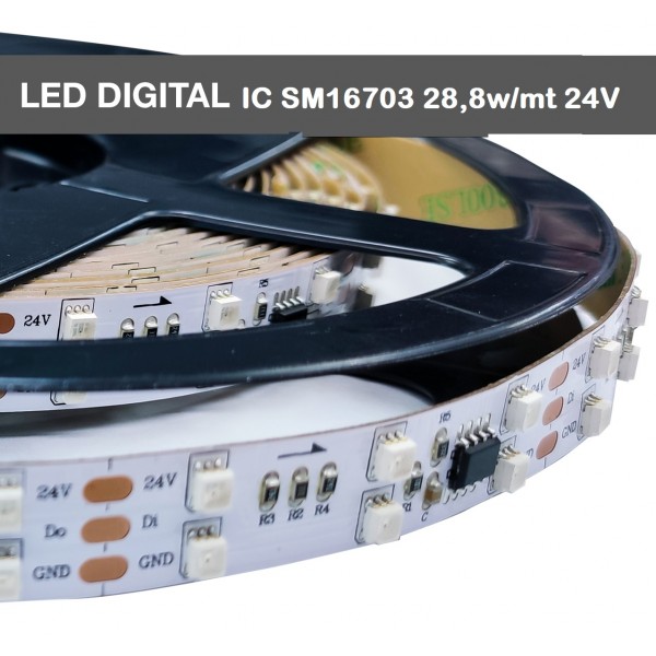 Tira PIXEL LED Digital 5 mts Flexible 24V 144W 600 Led SM16703 IP20 RGB